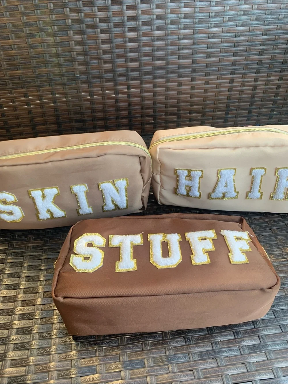 Cosmetic Zip Pouch - Brown and Blush Makeup Bags with Sparkle Lettering